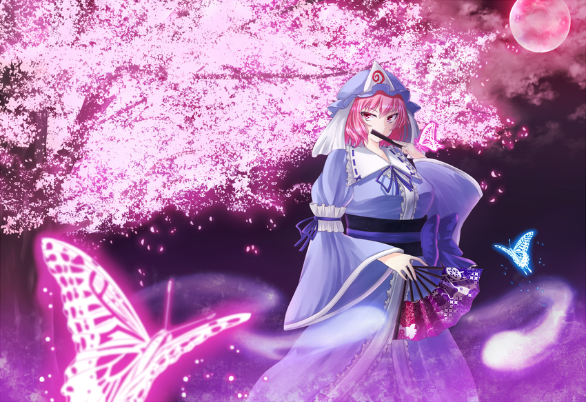 arm_ribbon bad_id bad_pixiv_id blurry breasts bug butterfly cherry_blossoms closed_fan cloud covering_mouth depth_of_field dual_wielding fan fog folding_fan full_moon glowing_butterfly hand_up hat highres hitodama holding insect japanese_clothes kimono large_breasts light_particles looking_to_the_side mob_cap moon night night_sky obi petals pink_eyes pink_moon ribbon ribbon-trimmed_collar ribbon_trim saigyouji_yuyuko sash sky solo standing touhou tree triangular_headpiece veil zeramu