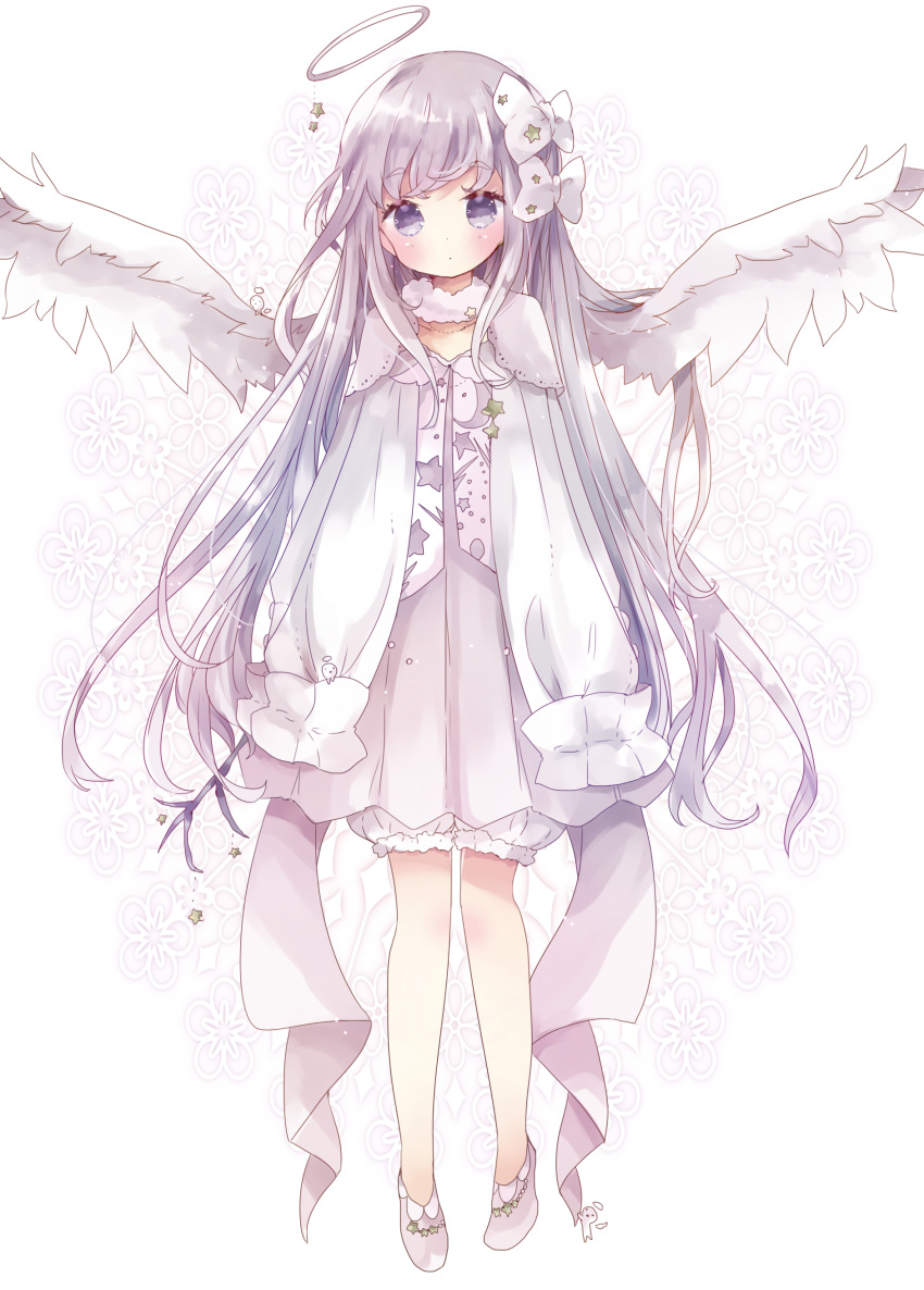 1girl absurdres angel angel_wings bloomers blush bow collarbone commentary dress full_body fur_collar hair_bow halo head_tilt highres long_hair long_sleeves original pleated_dress purple_dress purple_eyes purple_hair shoes sleeves_past_fingers sleeves_past_wrists solo symbol_commentary tsukiyo_(skymint) underwear very_long_hair white_bloomers white_bow white_footwear white_wings wings