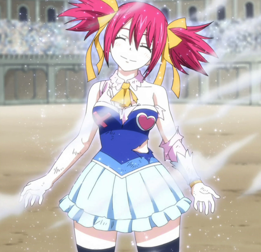 1girl bare_shoulders breasts chelia_blendy eyes_closed fairy_tail female pink_hair screencap solo standing stitched torn_clothes