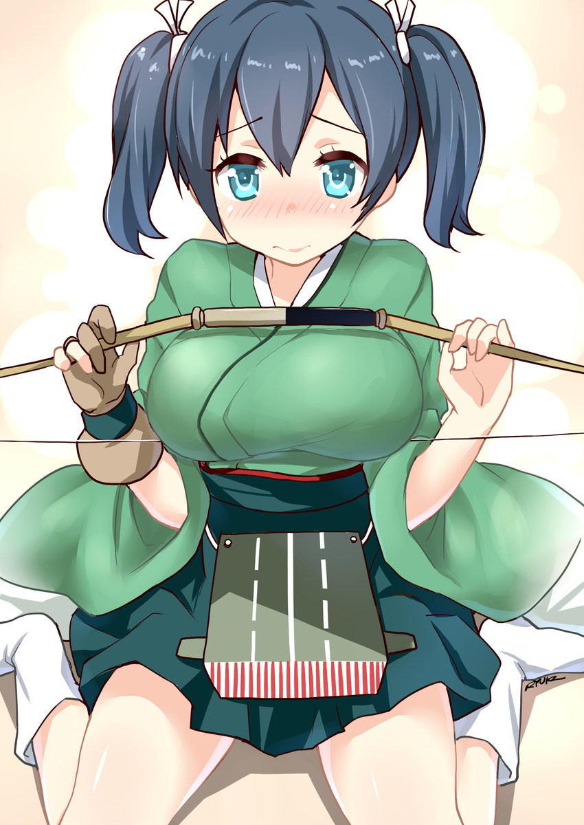 absurdres ankle_socks blue_eyes blue_hair blue_skirt blush bow_(weapon) breasts commentary_request gloves hair_ribbon hakama_skirt highres japanese_clothes kantai_collection large_breasts no_shoes parody partly_fingerless_gloves pleated_skirt rei_no_himo ribbon ryuki_(ryukisukune) sitting skirt solo souryuu_(kantai_collection) twintails wariza weapon white_ribbon yugake