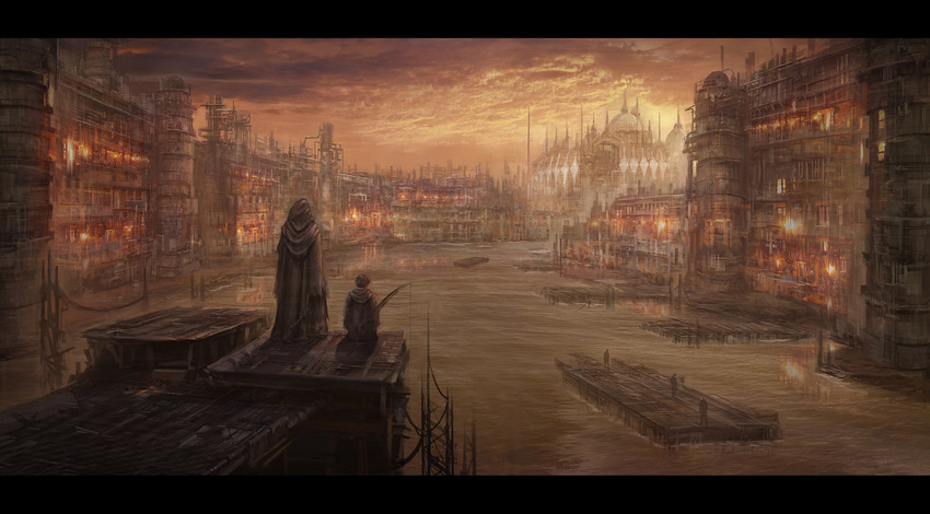 bad_id bad_pixiv_id blurry building city cityscape cloud cloudy_sky dark depth_of_field dock fishing highres letterboxed lights original raft red_sky river robe scenery shadow short_hair silhouette sitting sky sunset torn_clothes water