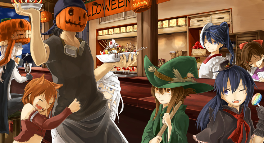 admiral_(kantai_collection) akatsuki_(kantai_collection) alternate_costume candy commentary_request dessert eating folded_ponytail food goggles goggles_around_neck halloween halloween_costume hibiki_(kantai_collection) highres houshou_(kantai_collection) ikazuchi_(kantai_collection) inazuma_(kantai_collection) jack-o'-lantern kantai_collection long_hair mamiya_(kantai_collection) multiple_girls mummy_costume one_eye_closed shinkaisei-kan short_hair smile to6_l vampire_costume werewolf witch wo-class_aircraft_carrier