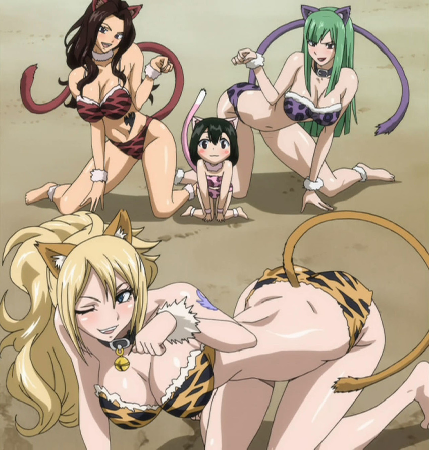 4girls animal_ears asuka_connel bare_shoulders bisca_mulan blonde_hair blush breasts cana_alberona cleavage fairy_tail green_hair jenny_realight large_breasts looking_at_viewer multiple_girls navel one_eye_closed open_mouth screencap smile stitched tail tattoo