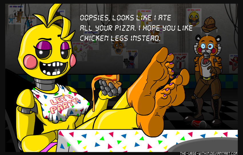2015 animatronic avian beverage bird chicken dialogue fan_character feline five_nights_at_freddy's five_nights_at_freddy's_2 flirting food foot_fetish looking_at_viewer machine mammal mechanical pizza robot soda surprise text the-urge-within tiger toy_chica_(fnaf) toy_huntley