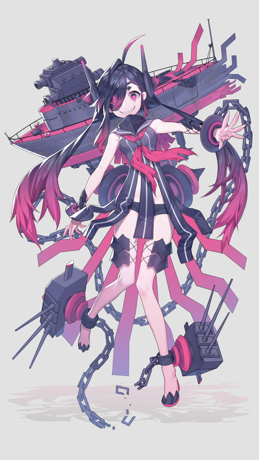 1girl absurdres antenna_hair bare_shoulders black_hair black_shorts boots breasts broken broken_chain cannon chain chains commentary_request copyright_request cuffs devy dress evil_grin evil_smile eyepatch gradient_hair grey_background grey_dress grey_sailor_collar grin headgear highres leaning_to_the_side long_hair mecha_musume multicolored_hair outstretched_arm pink_footwear red_eyes red_hair red_neckwear sailor_collar sailor_dress shadow sharp_teeth short_shorts shorts sleeveless sleeveless_dress small_breasts smile solo standing standing_on_one_leg teeth turret twintails very_long_hair