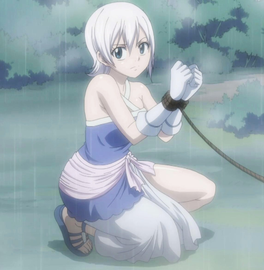 1girl bare_shoulders blue_eyes fairy_tail gloves lisanna_strauss rain rope screencap solo stitched white_hair