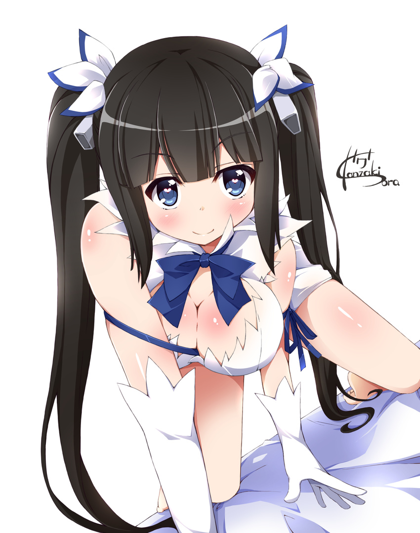 all_fours arm_ribbon artist_name bare_shoulders barefoot between_breasts black_hair blue_eyes blue_ribbon blush body_blush bow breasts cleavage cleavage_cutout dress dungeon_ni_deai_wo_motomeru_no_wa_machigatteiru_darou_ka gloves hair_ornament hair_ribbon heart heart-shaped_pupils hestia_(danmachi) highres kanzaki_sora large_breasts long_hair on_bed rei_no_himo ribbon short_dress simple_background sleeveless sleeveless_dress smile solo symbol-shaped_pupils twintails white_dress white_gloves