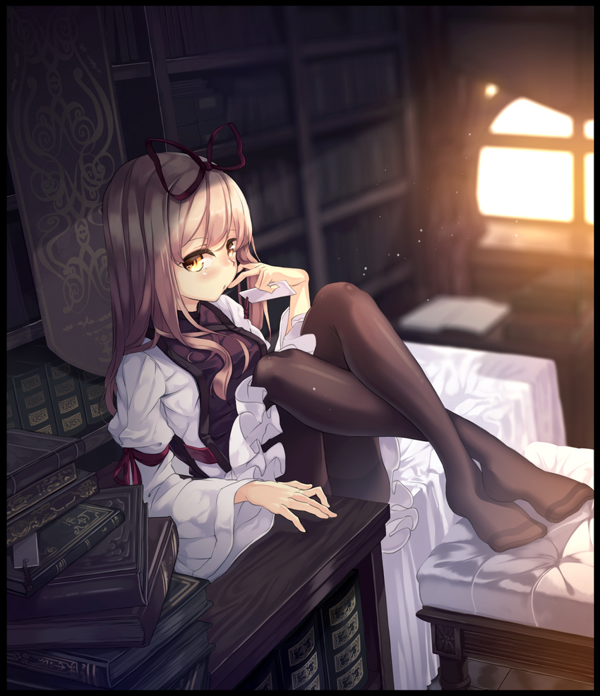 backlighting bed black_border black_legwear blonde_hair blush book border bow dress error garnet hair_bow hair_ribbon highres leg_lift long_hair looking_at_viewer orange_hair pantyhose ribbon sitting solo table touhou window yakumo_yukari