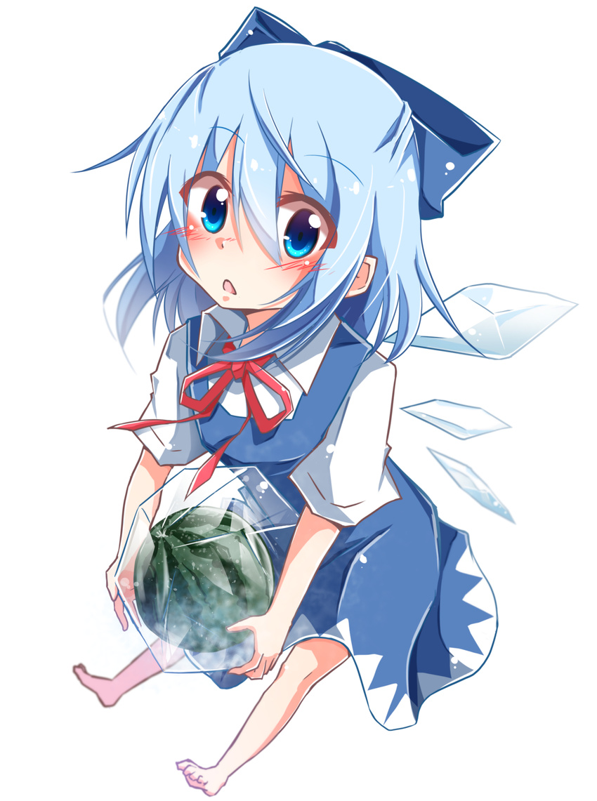 absurdres barefoot blouse blue_dress blue_eyes blue_hair bow cirno dress dress_shirt food frozen_fruit fruit hair_between_eyes hair_bow hakobako highres ice ice_wings looking_at_viewer open_mouth puffy_short_sleeves puffy_sleeves shirt short_hair short_sleeves solo touhou watermelon white_blouse wing_collar wings