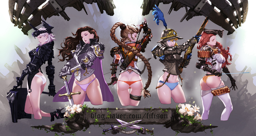arm_garter arm_up armor arrow artist_name ascot ass bangs bikini_armor black_hair blonde_hair blue_eyes blue_panties bow_(weapon) braid breastplate breasts butt_crack cape cleavage cropped_legs cross-laced_clothes fantasy feathers fingerless_gloves flower from_behind from_side garter_straps garters gloves greaves grey_hair gun hair_between_eyes half-closed_eyes hand_on_hilt hands_together headgear helmet high_heels highres hips holding holding_weapon kneepits large_breasts leg_lift lineup long_hair looking_back lowleg multiple_girls navel no_pants orange_eyes orange_panties panties pauldrons profile purple_eyes purple_panties quiver red_eyes red_hair red_panties ruins scrunchie short_hair single_braid standing sword thigh_gap thighhighs thighlet thighs underwear very_long_hair watermark wavy_hair weapon web_address white_hair white_legwear white_panties zul