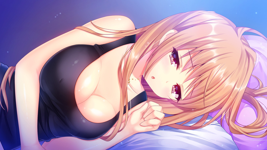 ahoge bed_sheet blonde_hair blue_eyes blush breasts cleavage game_cg jewelry kino_(kino_konomi) large_breasts long_hair looking_at_viewer lying necklace on_side open_mouth pillow shinonome_setsuna shirogane_x_spirits solo tank_top