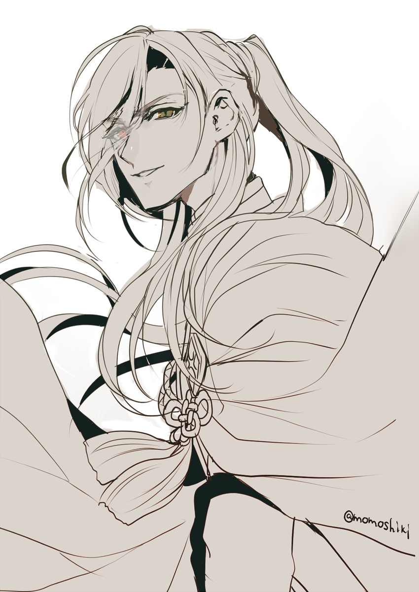 eyes_visible_through_hair hair_over_one_eye highres long_hair looking_at_viewer male_focus momoshiki_tsubaki monochrome nikkari_aoe parted_lips ponytail simple_background sketch solo spot_color touken_ranbu twitter_username white_background