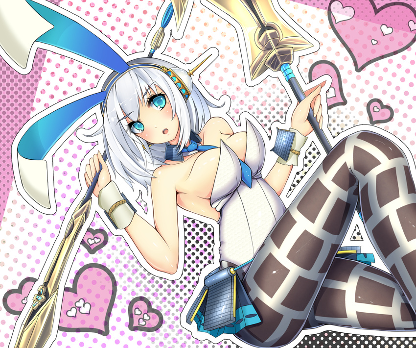 animal_ears bad_id bad_pixiv_id bare_shoulders breasts bunny_ears bunnysuit cleavage collarbone detached_collar dual_wielding duuwa_(doluwa) fake_animal_ears headphones highres holding large_breasts looking_at_viewer necktie oshiro_project pantyhose polearm shikano_(oshiro_project) short_hair silver_eyes silver_hair solo thighs weapon wrist_cuffs