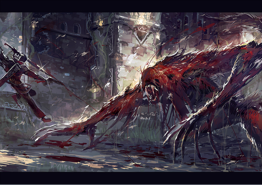 blood blood-starved_beast bloodborne candle claws fire gun hood hunter_(bloodborne) left-handed letterboxed mamuru midair monster open_mouth polydactyly sharp_teeth sword teeth weapon