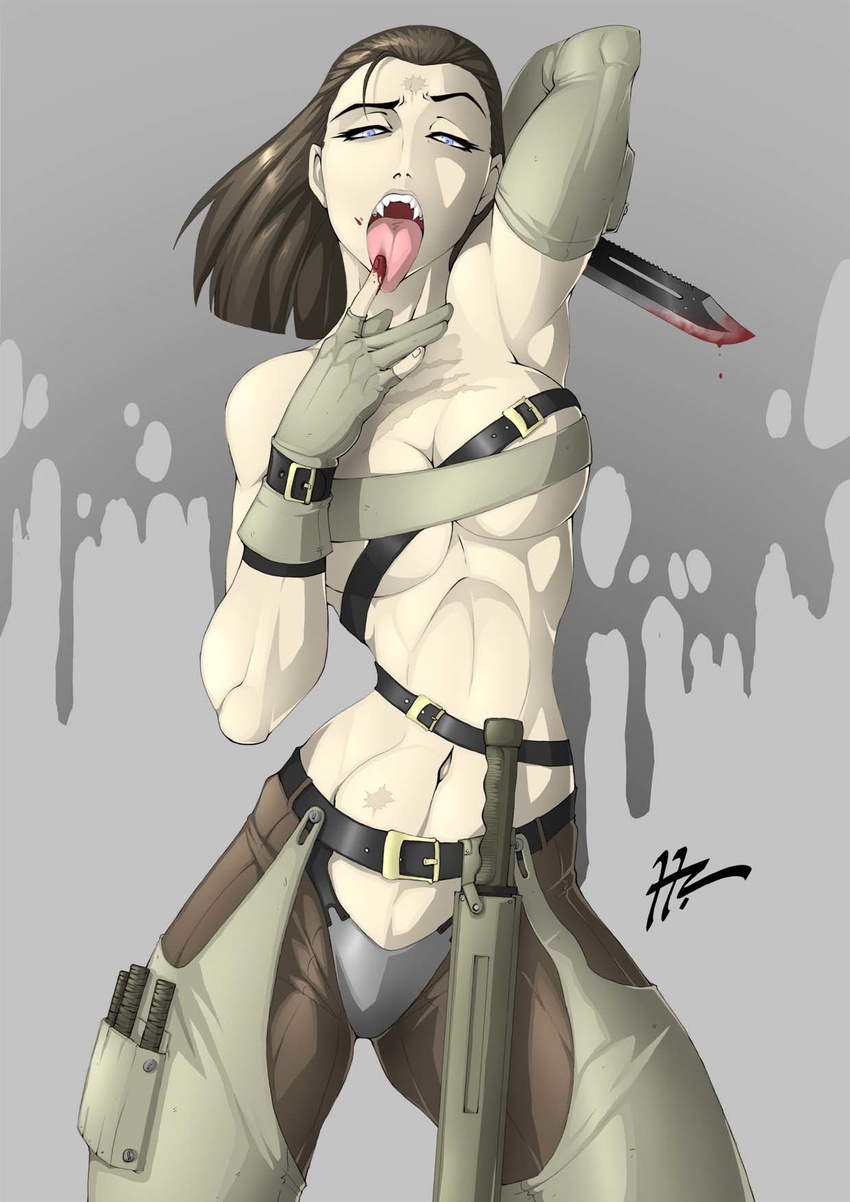 arm_up belt beltbra black_hair blood blood_on_face bloody_knife blue_eyes blunt-katana breasts chaps combat_knife contrapposto cowboy_shot crotch_plate fangs finger_licking genderswap genderswap_(mtf) gloves half-closed_eyes highres holster knife large_breasts licking long_hair looking_at_viewer metal_gear_(series) metal_gear_solid_2 mismatched_gloves multiple_belts navel open_mouth scar sheath sheathed solo standing thick_thighs thighs tongue tongue_out underboob vamp weapon