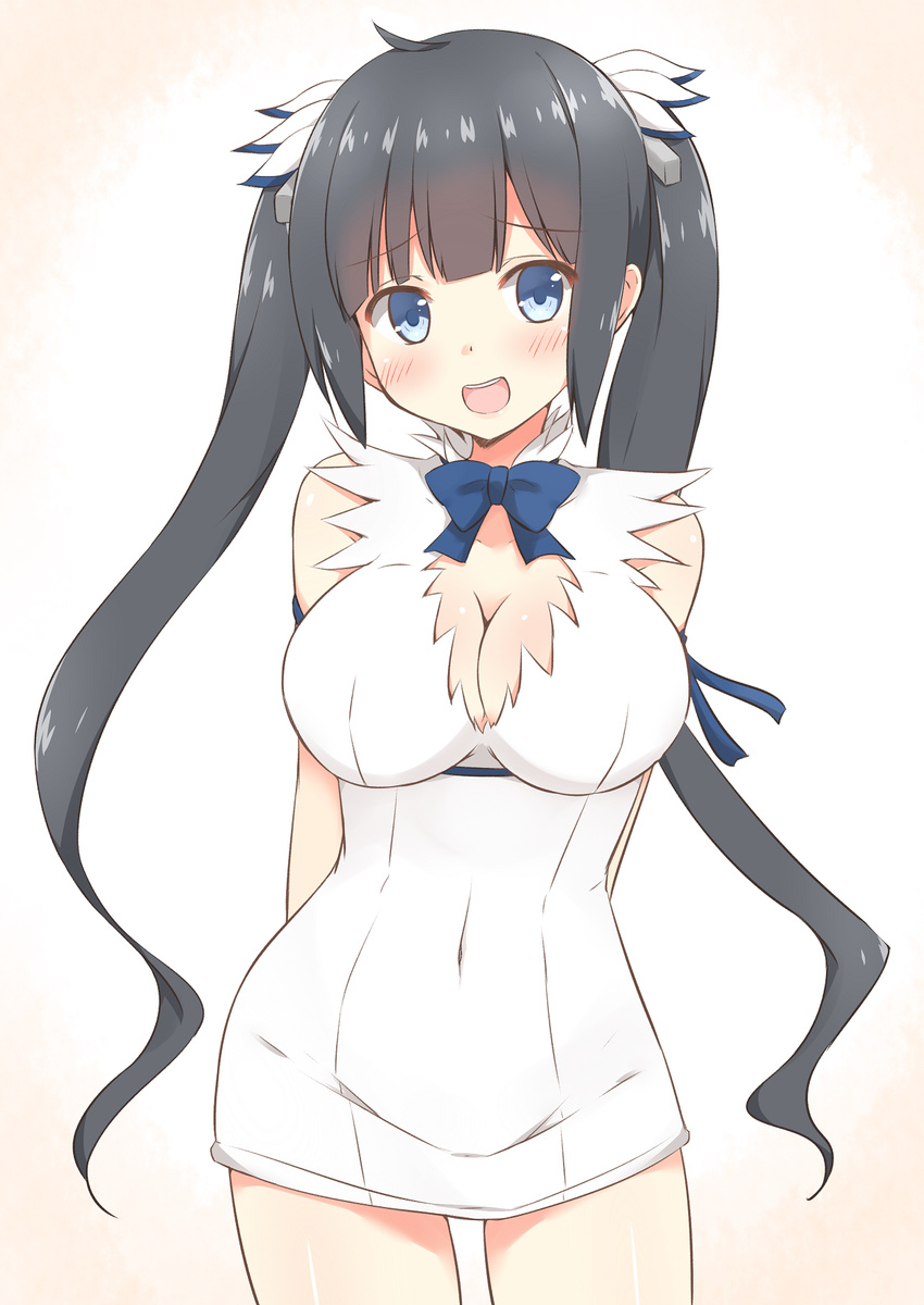 :d arms_behind_back black_hair blue_eyes blue_ribbon blush breasts chaa_(korone-ze) cleavage dungeon_ni_deai_wo_motomeru_no_wa_machigatteiru_darou_ka hair_ribbon hestia_(danmachi) highres large_breasts long_hair open_mouth rei_no_himo ribbon smile twintails