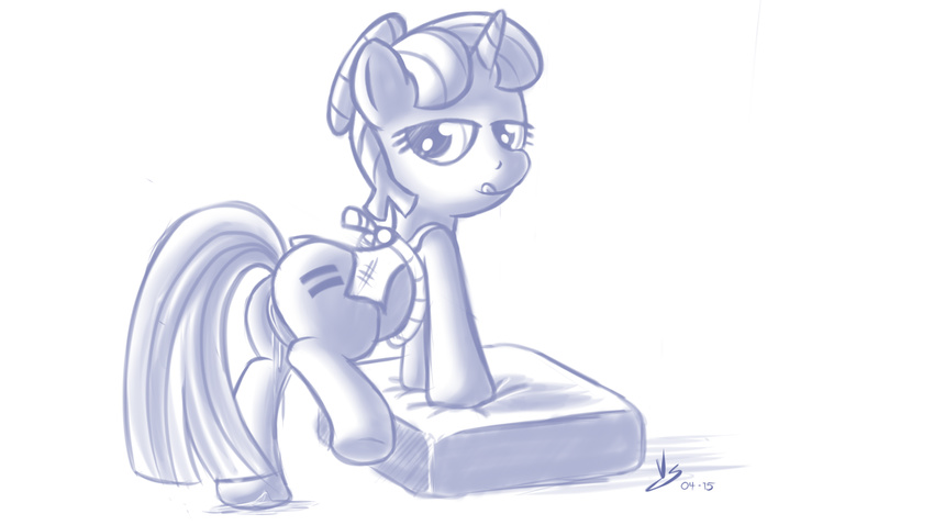 2015 bedroom_eyes butt cutie_mark equine female feral friendship_is_magic hair half-closed_eyes horn mammal monochrome my_little_pony one_leg_up pussy pussy_juice smile solo sugar_belle_(mlp) tongue unicorn vsdrawfag