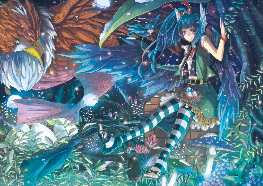 arm_support bangs beak belt belt_buckle bird blue_hair blue_wings bracelet brick_wall buckle egg fantasy feathers feet fins fish_tail flower frilled_skirt frilled_sleeves frills green_eyes green_skirt green_vest hair_ribbon high_heels high_ponytail highres in_tree jewelry large_wings layered_clothing leaf light_particles log long_hair looking_down minatsuki_(lapislazzuli169) mushroom open_toe_shoes original ribbon sandals scales shirt shoes short_sleeves sitting sitting_in_tree skirt smile snow solo spread_wings striped striped_legwear tail toeless_legwear tree vest white_shirt wings