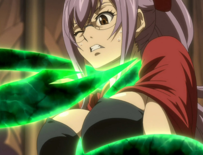 1girl breasts fairy_tail glasses laki_olietta one_eye_closed purple_hair screencap solo stitched sweat