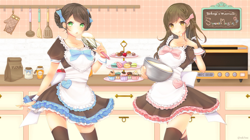 :o :q akatsuki_rokino apron bag batter black_legwear bow bowl braid braided_bun brown_eyes brown_hair cake_batter chalkboard chestnut_mouth chocolate cupcake double_bun dress english flour food green_eyes hair_bow hair_bun highres holding honey jar kitchen ladle looking_at_viewer macaron mixing_bowl multiple_girls nail_polish name_tag open_mouth original paper_bag spatula thighhighs tiered_tray tongue tongue_out twitter_username waitress whisk wrist_cuffs zettai_ryouiki