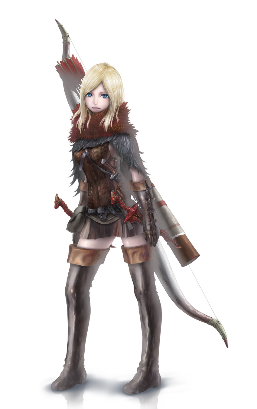 absurdres bangs black_gloves blonde_hair blue_eyes boots bow_(weapon) breastplate cloak dagger dragon's_dogma elbow_gloves full_body gloves highres lips long_hair over_shoulder parted_bangs pawn_(dragon's_dogma) pikoroo quiver reflective_floor solo thigh_boots thighhighs weapon weapon_over_shoulder white_background zettai_ryouiki