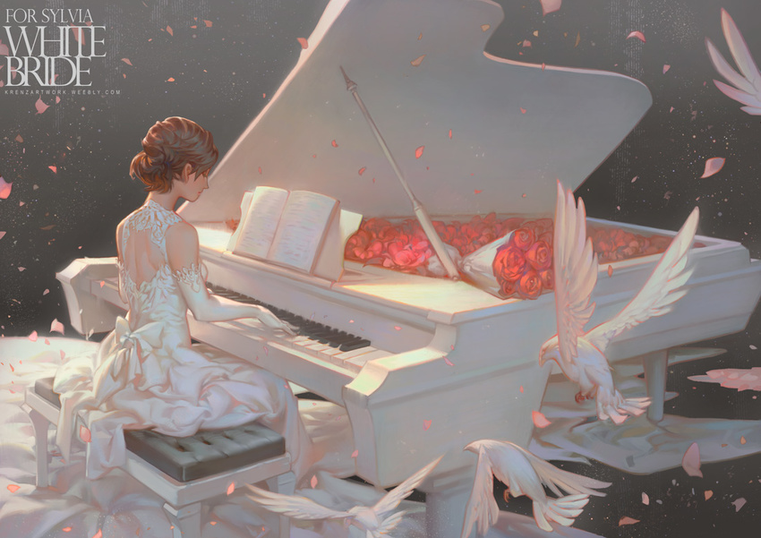 artist_name bird bouquet bride brown_hair closed_eyes dress english flower gloves gown instrument krenz original petals piano piano_bench red_flower red_rose rose short_hair sitting solo watermark web_address white_dress white_gloves