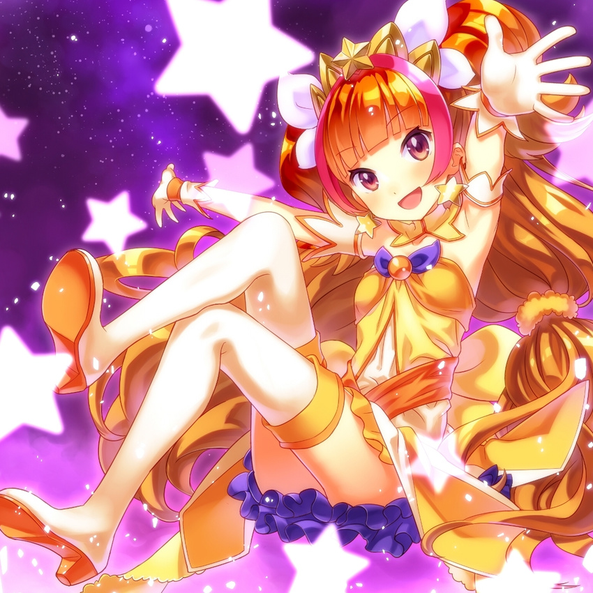 amanogawa_kirara bare_shoulders boots brown_hair buntan choker cure_twinkle dress earrings gloves go!_princess_precure jewelry long_hair magical_girl multicolored_hair open_mouth orange_hair precure purple_eyes smile solo star star_earrings starry_background thigh_boots thighhighs twintails two-tone_hair white_gloves white_legwear