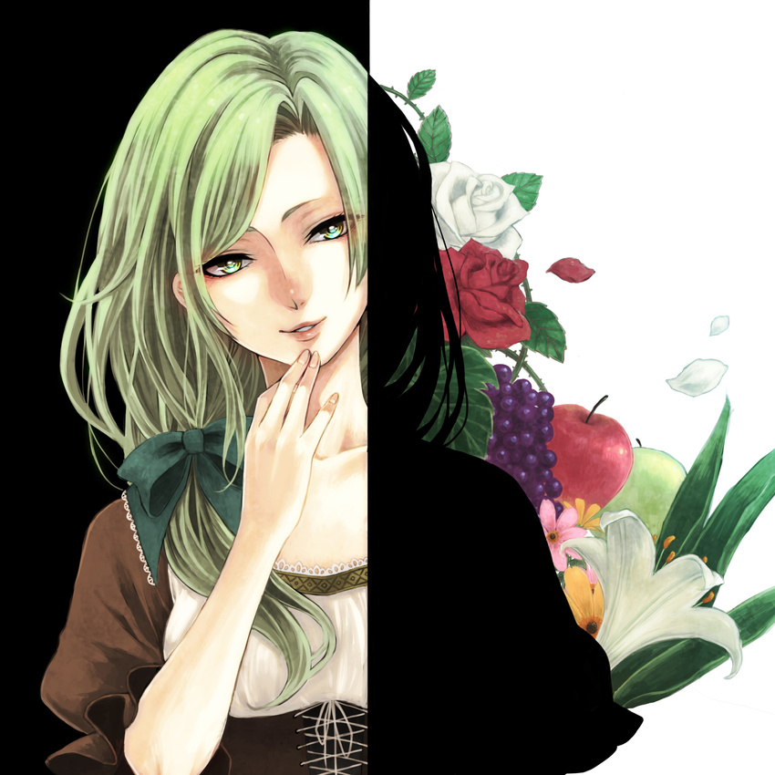 absurdres apple bad_id bad_pixiv_id bangs bow brown_dress collarbone cross-laced_clothes dress eyes_visible_through_hair flower food frilled_bow frills fruit grapes green_bow green_eyes green_hair hair_bow hand_on_own_chin head_tilt highres lips long_hair minatsuki_(lapislazzuli169) original parted_lips petals plant puffy_sleeves red_flower red_rose rose smile solo split_image swept_bangs thorns vines white_flower white_rose