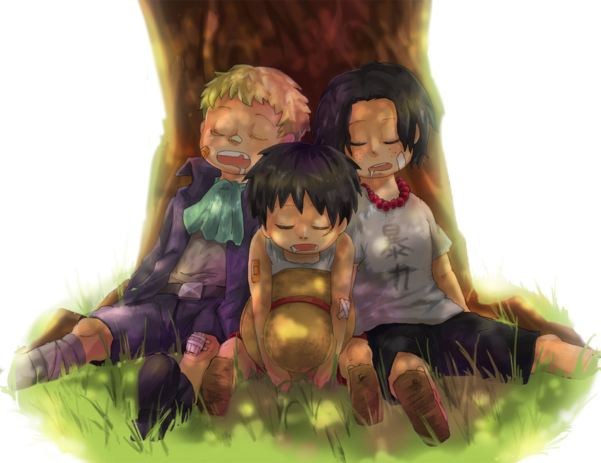 3boys bandage belt black_hair blonde_hair brothers cravat eyes_closed freckles hat headwear_removed male male_focus missing_tooth monkey_d_luffy multiple_boys necklace one_piece open_mouth portgas_d_ace sabo_(one_piece) sandals scar shirt shorts siblings sleeping straw_hat t-shirt tank_top tree trio younger