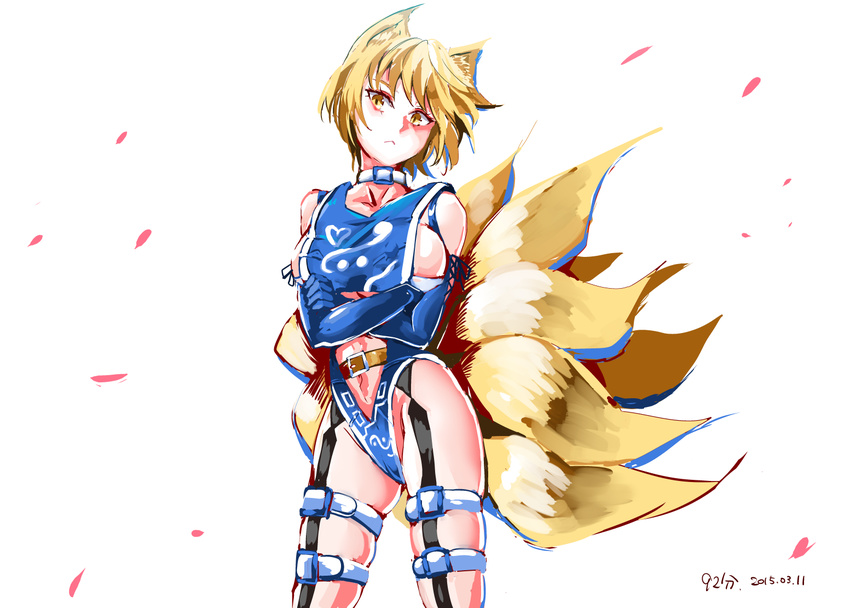 adapted_costume animal_ears belt blonde_hair blue_gloves blue_leotard breasts choker crossed_arms elbow_gloves fox_ears fox_tail garter_straps gloves highleg highleg_leotard large_breasts leg_belt leotard looking_at_viewer multiple_belts multiple_tails navel navel_cutout nyuu_(manekin-eko) parody petals sideboob solo tail taimanin_(series) taimanin_suit touhou wind yakumo_ran yellow_eyes