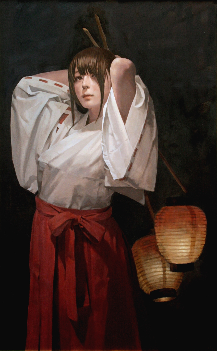 arms_behind_head black_background brown_eyes brown_hair cowboy_shot hair_over_one_eye hakama highres holding imai_takahiro japanese_clothes lantern lips long_hair looking_away looking_up miko oil_painting_(medium) original paper_lantern realistic red_hakama ribbon-trimmed_sleeves ribbon_trim sidelocks simple_background sleeves_pushed_up solo stick wide_sleeves