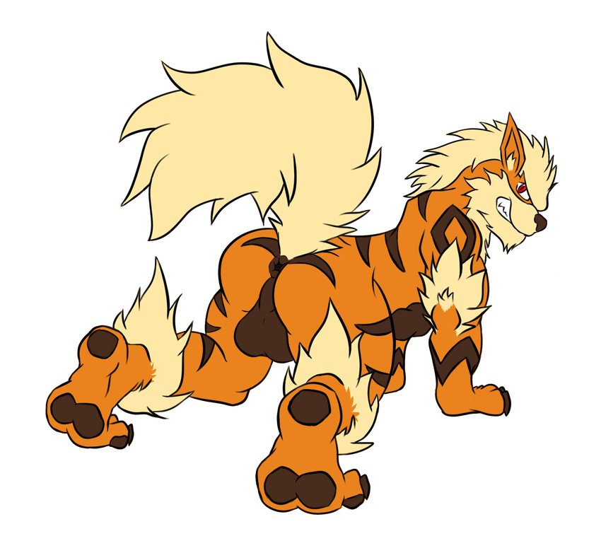 anus arcanine balls fluffy_tail fur muscles nintendo paws plain_background pok&eacute;mon presenting red_eyes smirk strips teeth video_games white_background