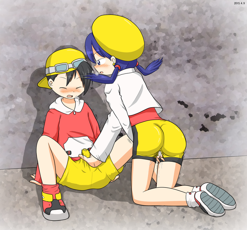 1girl artist_request ass bike_shorts black_hair blue_eyes blue_hair blush crystal_(pokemon) erection eyes_closed fingering from_behind goggles gold_(pokemon) handjob hat highres jacket long_hair open_mouth penis pokemon pokemon_(game) pokemon_gsc shoes short_hair shorts through_clothes twintails