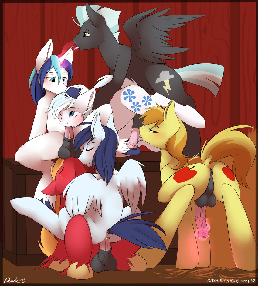 2015 animal_genitalia balls bedroom_eyes big_macintosh_(mlp) black_fur blue_eyes blue_hair braeburn_(mlp) cutie_mark daxhie double_diamond_(mlp) equine friendship_is_magic fur group group_sex hair half-closed_eyes horn horsecock male male/male mammal my_little_pony pegasus penis red_fur sex shining_armor_(mlp) soarin_(mlp) thunderlane_(mlp) unicorn white_hair wings wonderbolts_(mlp) yellow_fur