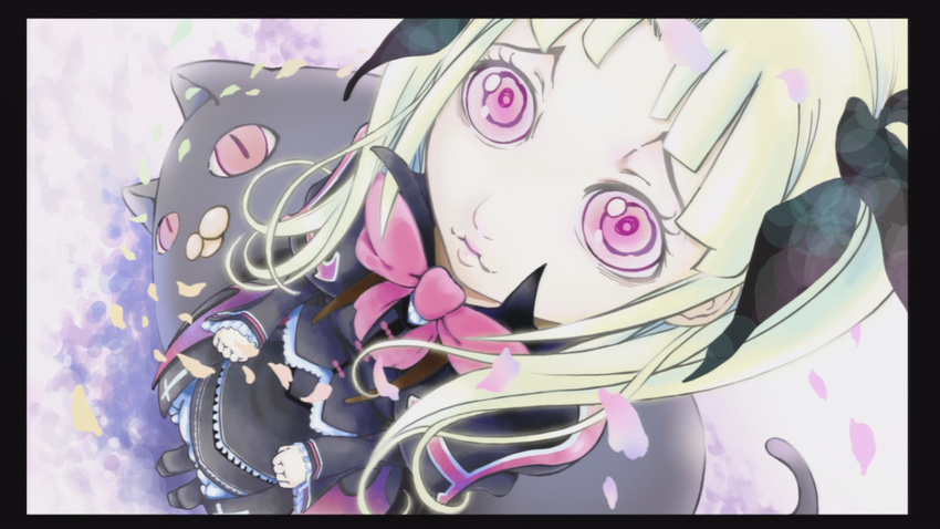 :3 artist_request blazblue blonde_hair bow foreshortening frills gothic_lolita hair_ribbon lolita_fashion long_hair nago pink_eyes rachel_alucard red_bow ribbon solo