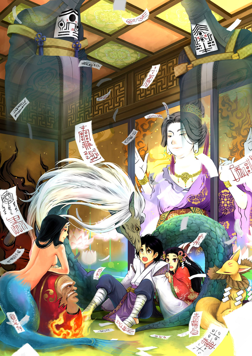 2girls 43 ankle_wrap back bandages black_hair daruma_doll dragon fantasy fire flower fox fusuma ghost hair_ornament highres horns japanese_clothes kimono long_hair lotus mermaid monster_girl multiple_girls nude ofuda original rope scales shide shimenawa short_hair sitting sliding_doors white_hair