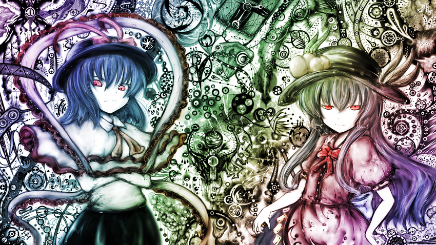 bad_id bad_pixiv_id blue_hair food fruit hat highres hinanawi_tenshi koohee multiple_girls nagae_iku peach red_eyes ribbon shawl touhou