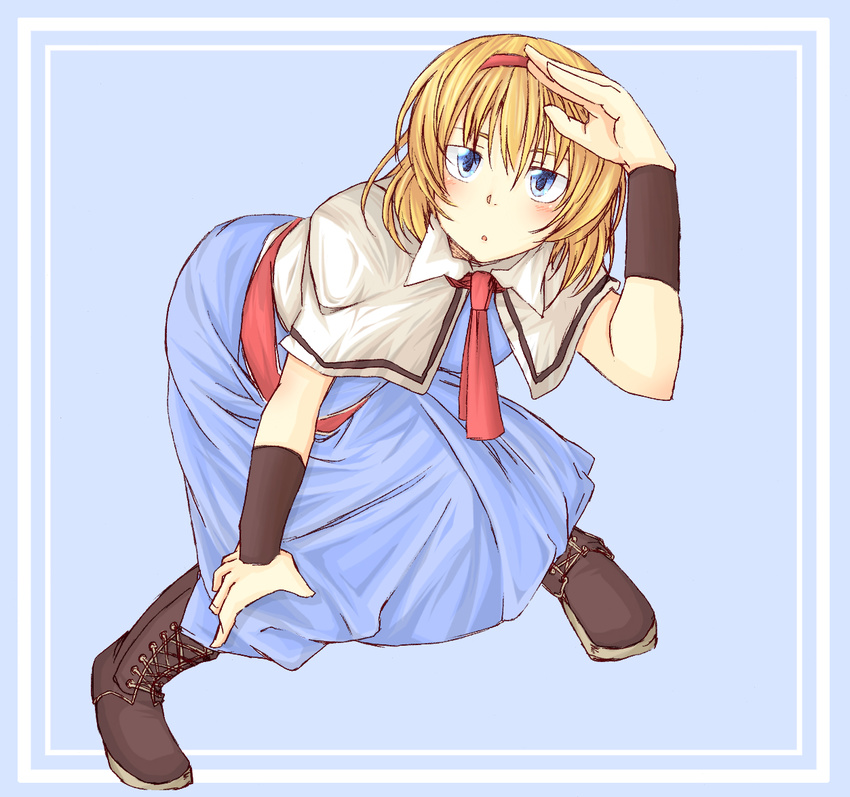 alice_margatroid armband blonde_hair blue_eyes blush boots hairband leaning_forward natsuk ribbon searching short_hair solo touhou