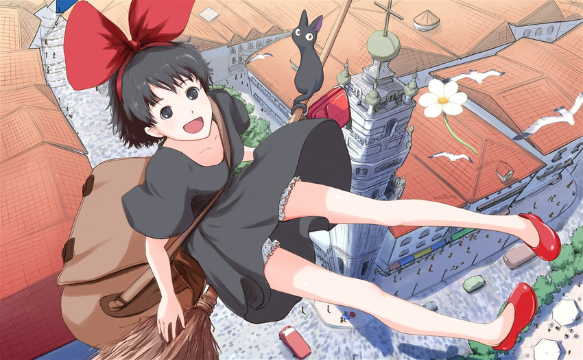 :d bag bird black_cat black_dress black_eyes black_hair bloomers bow broom broom_riding cat dress flower flying hair_bow happy kiki legs majo_no_takkyuubin nanahime no_socks open_mouth radio seagull short_hair sidesaddle smile solo underwear