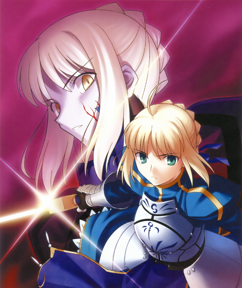 absurdres ahoge armor artoria_pendragon_(all) blonde_hair dual_persona fate/stay_night fate_(series) green_eyes highres higurashi_ryuuji saber saber_alter sword weapon yellow_eyes