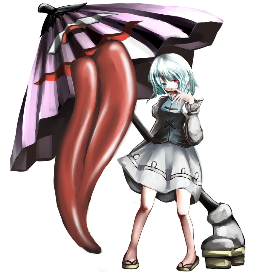 bad_id bad_pixiv_id blue_hair geta heterochromia highres karakasa_obake purple_umbrella short_hair solo tatara_kogasa tongue touhou umbrella wasabi_karasi