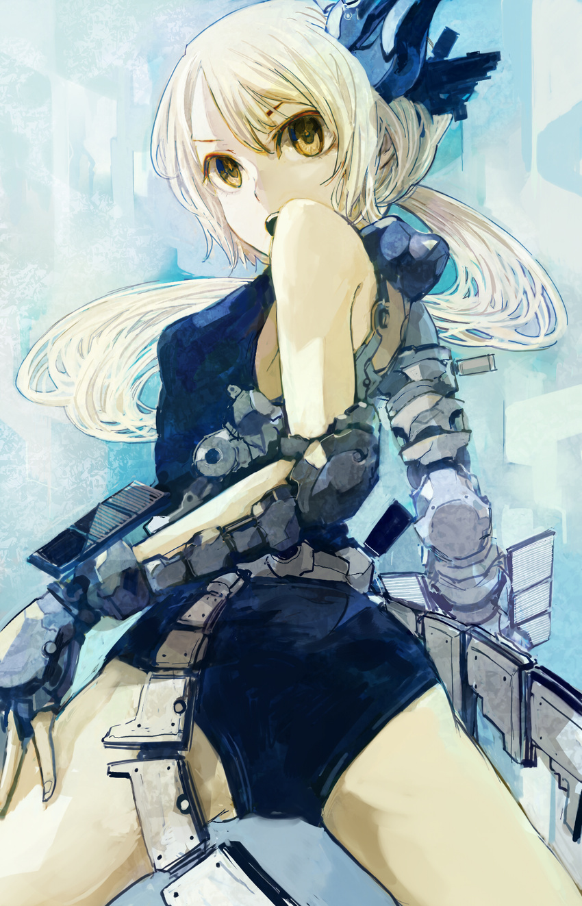 bare_shoulders blonde_hair elbow_gloves fingerless_gloves from_behind gloves highres long_hair looking_back original ponytail shrimpman solo yellow_eyes