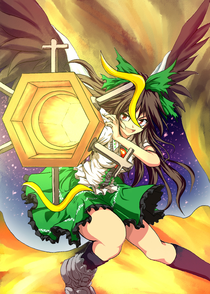 aiming_at_viewer arm_cannon bow brown_hair chaigidhiell eyes highres long_hair red_eyes reiuji_utsuho solo touhou weapon wings