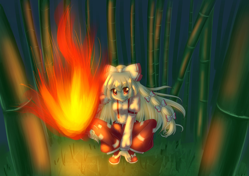 bad_id bad_pixiv_id bamboo bamboo_forest bow fire flame forest fujiwara_no_mokou hair_bow hair_ribbon highres long_hair mei_(jewel_at_time) nature red_eyes ribbon silver_hair solo squatting suspenders touhou