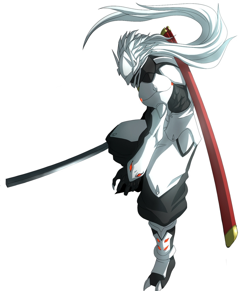 blazblue hakumen highres long_hair male_focus mask nichisogawa_asaryo sheath silver_hair solo sword weapon white_background