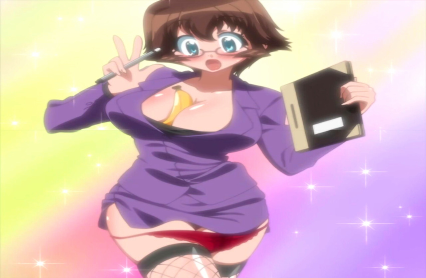 bad_aspect_ratio banana between_breasts blue_eyes breasts brown_hair cleavage clothes fishnet_legwear fishnets food fruit glasses highres huge_breasts kemeko_deluxe makihara_izumi office_lady panties pen red_panties screencap short_hair solo thighhighs underwear