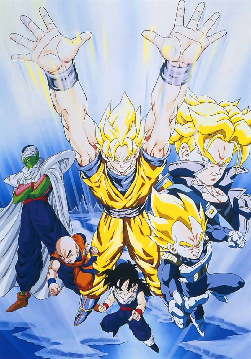 belt boots cape dragon_ball dragonball_z future_trunks kuririn piccolo son_gohan son_gokuu spiked_hair super_saiyan trunks_(dragon_ball) vegeta