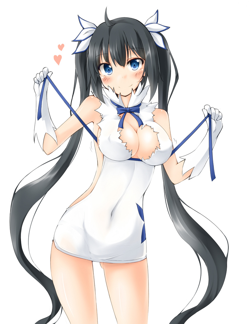 ahoge black_hair blue_eyes blue_ribbon blush breasts cleavage_cutout covered_navel covered_nipples dungeon_ni_deai_wo_motomeru_no_wa_machigatteiru_darou_ka elbow_gloves gloves heart hestia_(danmachi) highres kaminagi_(kaminagi-tei) long_hair looking_at_viewer medium_breasts rei_no_himo ribbon simple_background smile solo twintails very_long_hair white_background