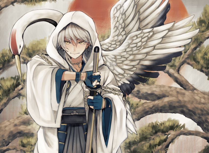 armor bird black_gloves chain crane_(animal) gloves hakama japanese_armor japanese_clothes kurodeko kusazuri looking_at_viewer male_focus partly_fingerless_gloves ready_to_draw red-crowned_crane silver_hair smile solo sword touken_ranbu tsurumaru_kuninaga weapon yellow_eyes