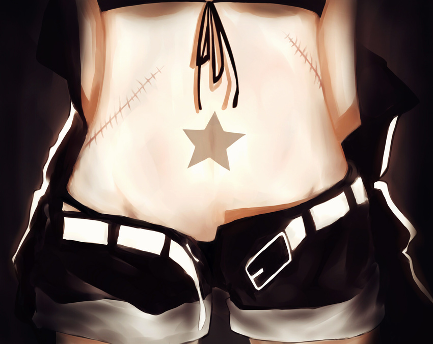 1girl belt black_rock_shooter black_rock_shooter_(character) close-up female highres midriff navel scar solo star stomach undone